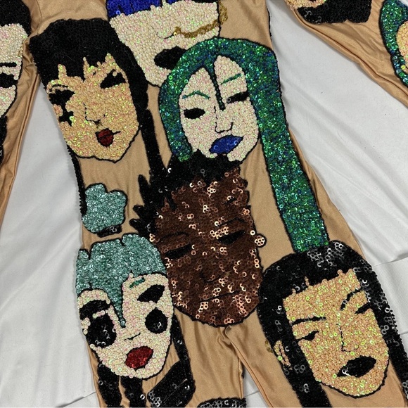 Discount Universe Sequin Nude Teal Blue Faces Bodysuit Size Small NEW With Tags - Picture 9 of 14